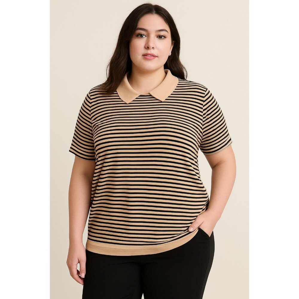 Zero 2 Eight Striped Collared Blouse Women’s XL Tan Black Short Sleeve 21.5” Bus